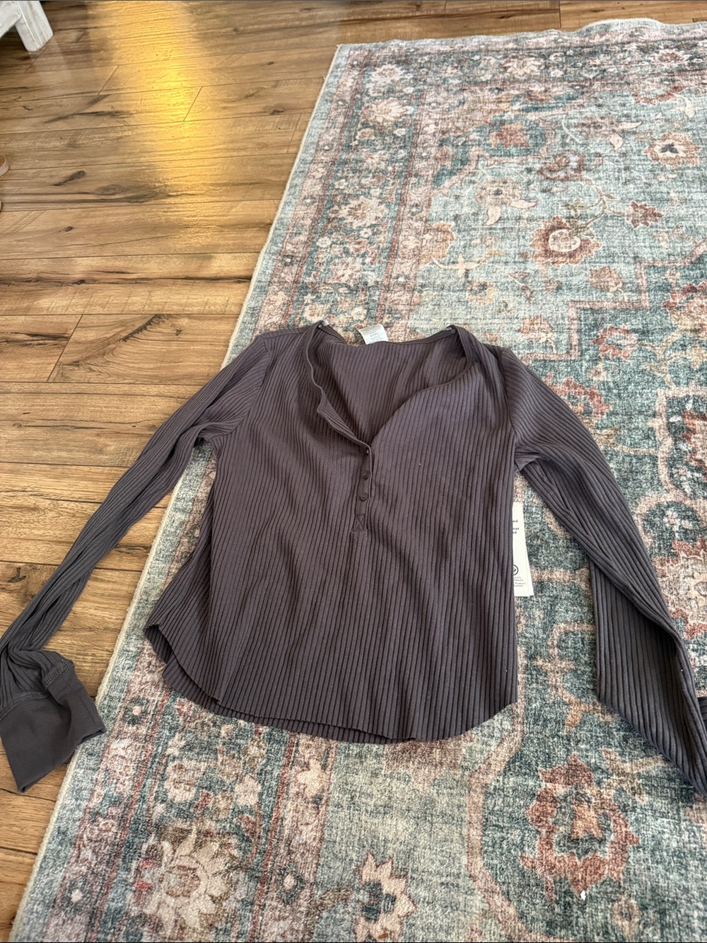 No Boundaries Ribbed Long-Sleeve Henley Top - Dark Brown
